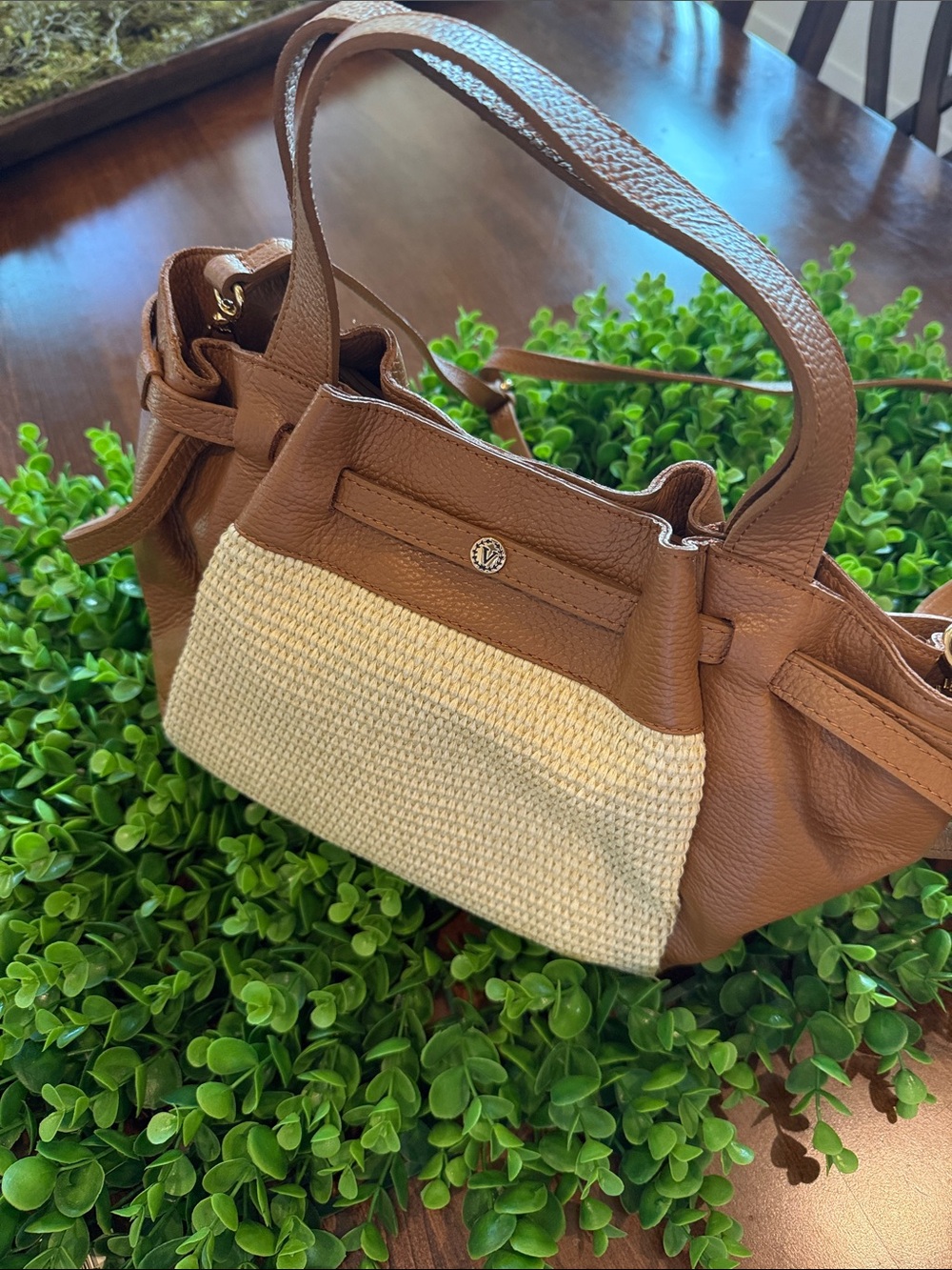 Valentina Brown & Cream Woven-Front Shoulder Bag